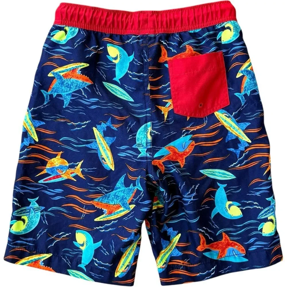 Lands’ End Boys Kids Shark Print Pull-On Lined Swim Trunks Board Shorts. Large.